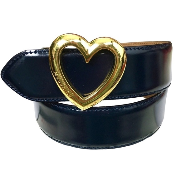 MOSCHINO Vintage Heart Buckle Belt All Genuine Leather Navy Gold Size 40 *FLAW* - Picture 16 of 16